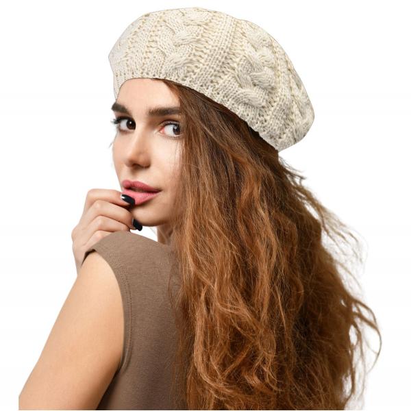 wholesale 3114 - Winter Knit Hats JH710 Ivory Cable Knit Beret with Double Layer Lining MB - One Size Fits Most