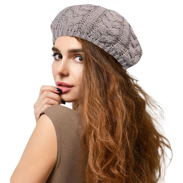 wholesale 3114 - Winter Knit Hats JH710 Light Grey Cable Knit Beret with Double Layer Lining MB - One Size Fits All