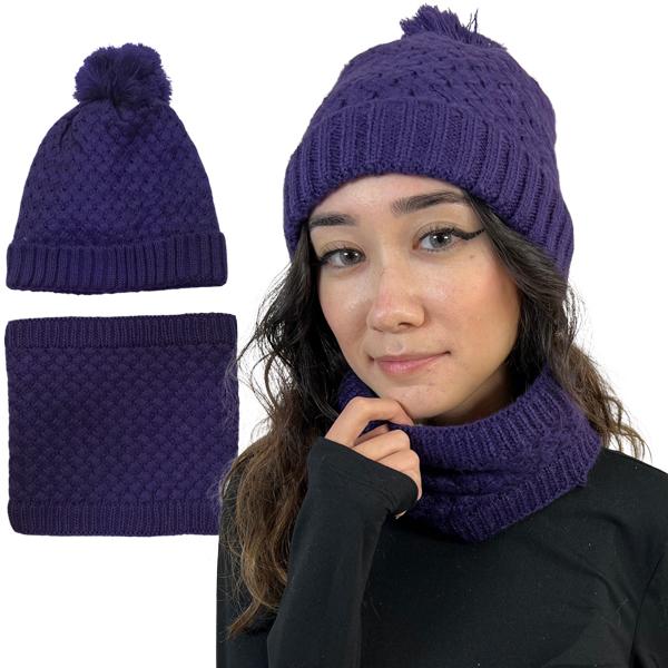 wholesale 3114 - Winter Knit Hats LC:HSET Purple Hat and Neck Warmer Set w/Fur Lining - One Size Fits Most