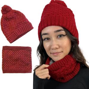 3114 - Winter Knit Hats LC:HSET Cranberry Hat and Neck Warmer Set w/Fur Lining - One Size Fits Most