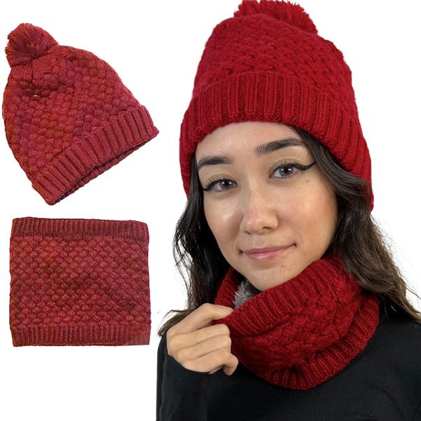 Wholesale 3114 - Winter Knit Hats LC:HSET Cranberry Hat and Neck Warmer Set w/Fur Lining - One Size Fits Most