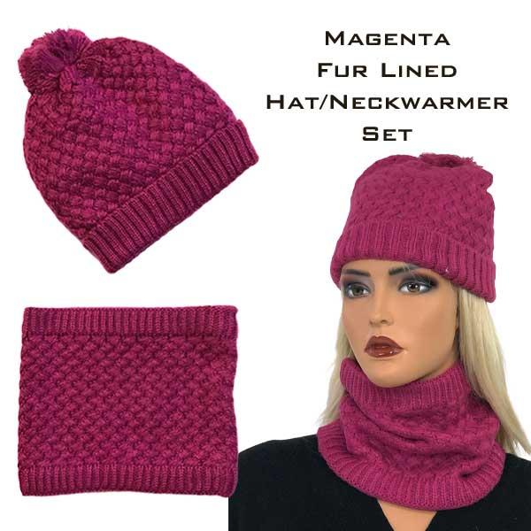 wholesale 3114 - Winter Knit Hats LC:HSET Magenta Hat and Neck Warmer Set w/Fur Lining - 