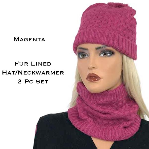 wholesale 3114 - Winter Knit Hats LC:HSET Magenta Hat and Neck Warmer Set w/Fur Lining - 
