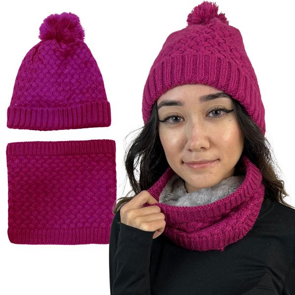 wholesale 3114 - Winter Knit Hats LC:HSET Magenta Hat and Neck Warmer Set w/Fur Lining - One Size Fits Most