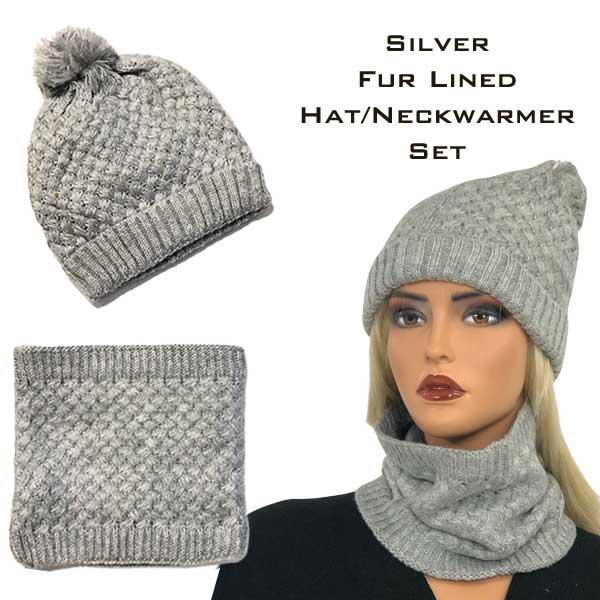 wholesale 3114 - Winter Knit Hats LC:HSET Silver Hat and Neck Warmer Set w/Fur Lining - 