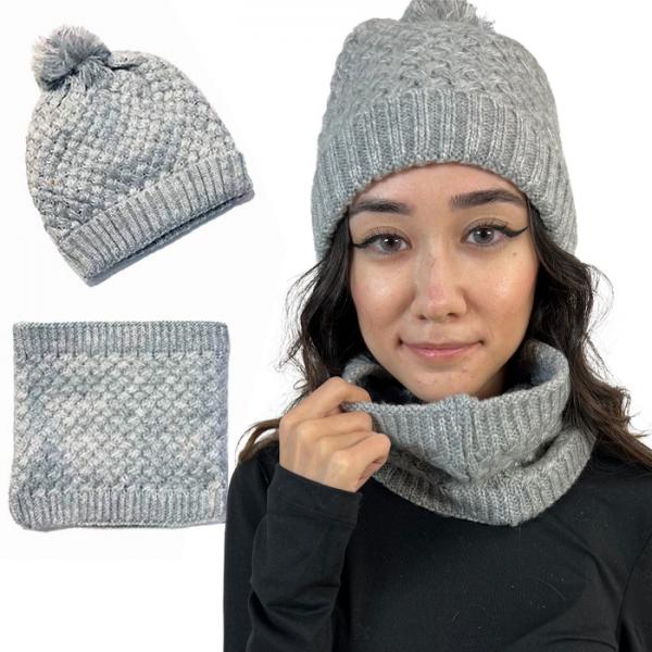 wholesale 3114 - Winter Knit Hats LC:HSET Silver Hat and Neck Warmer Set w/Fur Lining - One Size Fits Most
