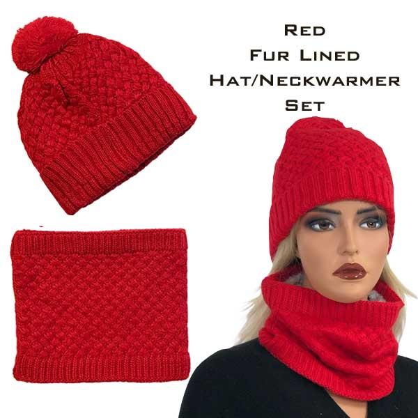 wholesale 3114 - Winter Knit Hats LC:HSET Red Hat and Neck Warmer Set w/Fur Lining - 