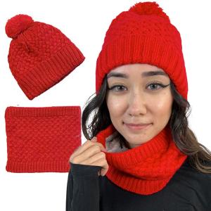 3114 - Winter Knit Hats LC:HSET Red Hat and Neck Warmer Set w/Fur Lining - One Size Fits Most