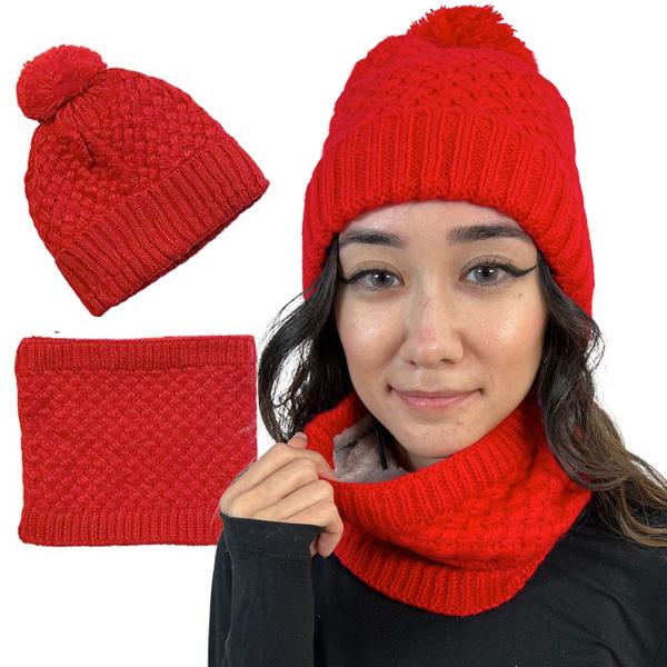wholesale 3114 - Winter Knit Hats LC:HSET Red Hat and Neck Warmer Set w/Fur Lining - One Size Fits Most