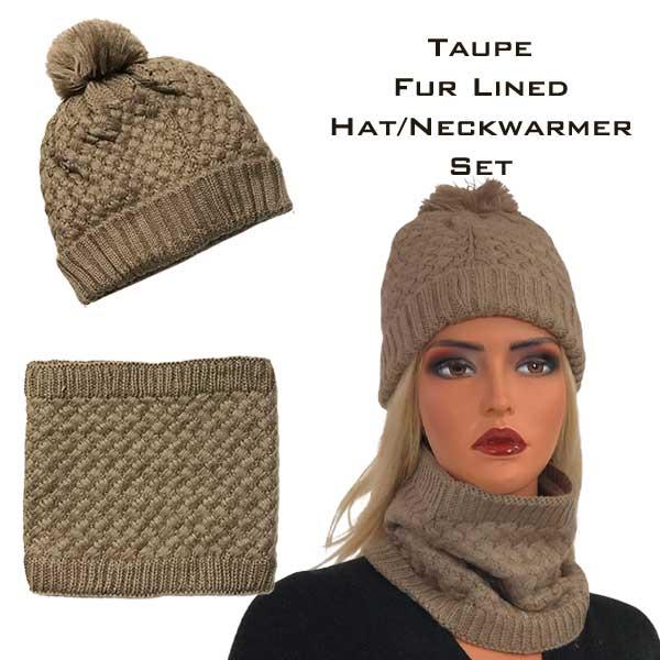 wholesale 3114 - Winter Knit Hats LC:HSET Taupe Hat and Neck Warmer Set w/Fur Lining - 