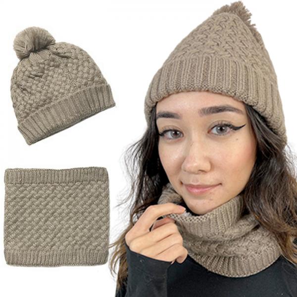 wholesale 3114 - Winter Knit Hats LC:HSET Taupe Hat and Neck Warmer Set w/Fur Lining - One Size Fits Most