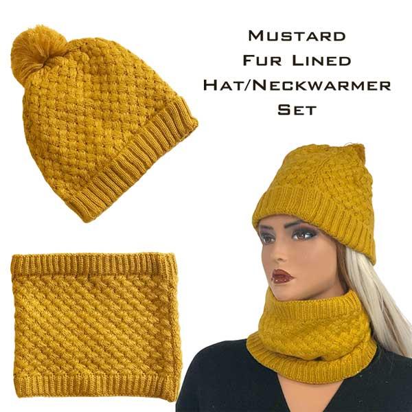 wholesale 3114 - Winter Knit Hats LC:HSET Mustard Hat and Neck Warmer Set w/Fur Lining - 