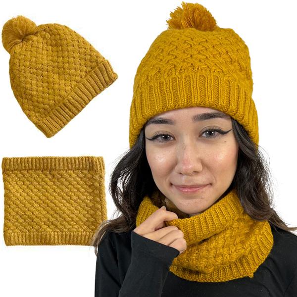 Wholesale 3114 - Winter Knit Hats LC:HSET Mustard Hat and Neck Warmer Set w/Fur Lining)(MB) - One Size Fits Most