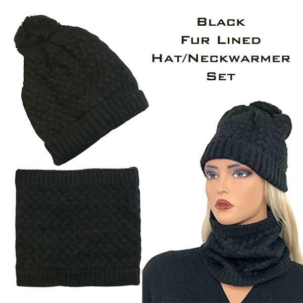 wholesale 3114 - Winter Knit Hats LC:HSET Black Hat and Neck Warmer Set w/Fur Lining - 