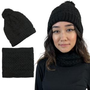3114 - Winter Knit Hats LC:HSET Black Hat and Neck Warmer Set w/Fur Lining - One Size Fits Most