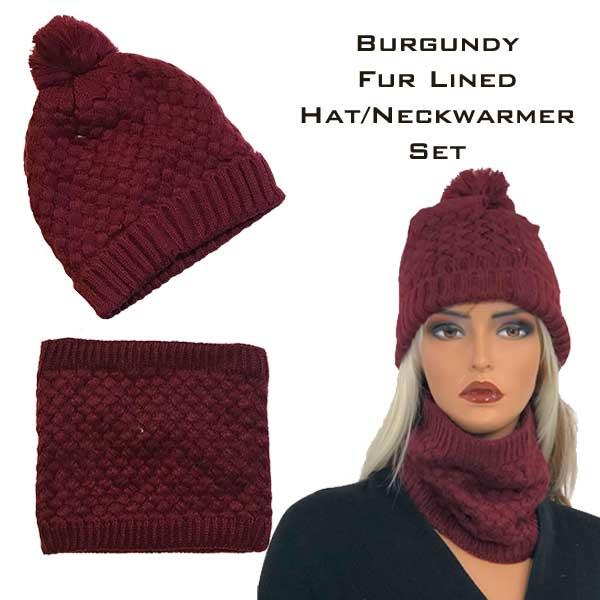 wholesale 3114 - Winter Knit Hats LC:HSET Burgundy Hat and Neck Warmer Set w/Fur Lining - 