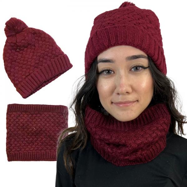 wholesale 3114 - Winter Knit Hats LC:HSET Burgundy Hat and Neck Warmer Set w/Fur Lining - One Size Fits Most