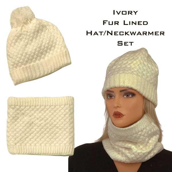 wholesale 3114 - Winter Knit Hats LC:HSET Ivory Hat and Neck Warmer Set w/Fur Lining - 