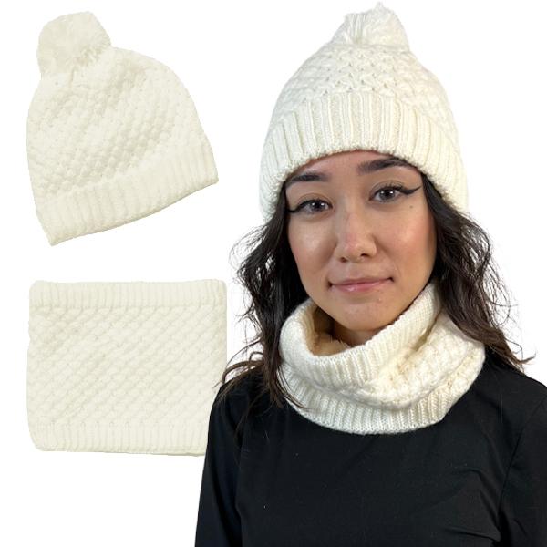 wholesale 3114 - Winter Knit Hats LC:HSET Ivory Hat and Neck Warmer Set w/Fur Lining - One Size Fits Most