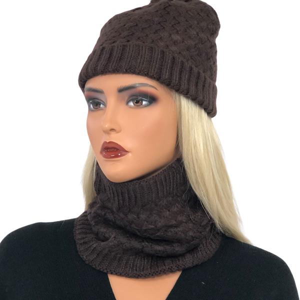 wholesale 3114 - Winter Knit Hats LC:HSET Brown Hat and Neck Warmer Set w/Fur Lining - 