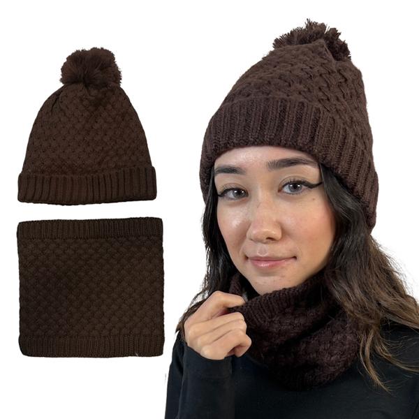 wholesale 3114 - Winter Knit Hats LC:HSET Brown Hat and Neck Warmer Set w/Fur Lining - One Size Fits Most