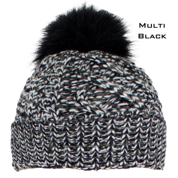 wholesale 3114 - Winter Knit Hats 10025 BLACK MULTI /FUR POM POM Knit Winter Hat - 
