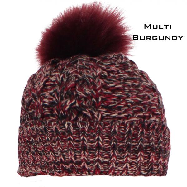 wholesale 3114 - Winter Knit Hats 10025 BURGUNDY MULTI /FUR POM POM Knit Winter Hat - 
