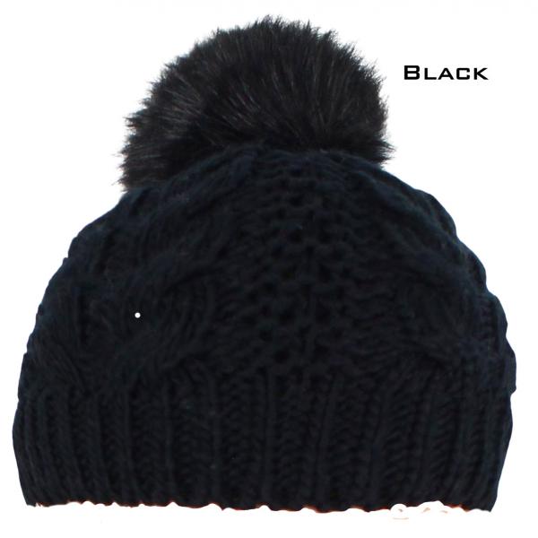 wholesale 3114 - Winter Knit Hats 10026 BLACK/FUR POM POM Knit Winter Hat  - One Size Fits Most