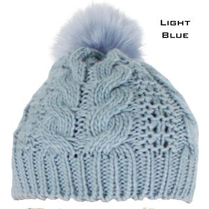 3114 - Winter Knit Hats 10026 LIGHT BLUE/FUR POM POM Knit Winter Hat - One Size Fits Most