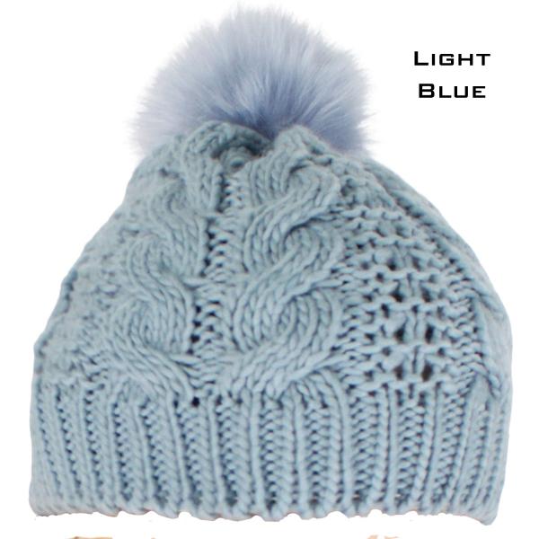 wholesale 3114 - Winter Knit Hats 10026 LIGHT BLUE/FUR POM POM Knit Winter Hat - One Size Fits Most