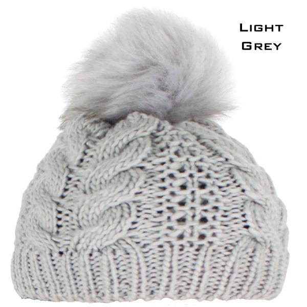 wholesale 3114 - Winter Knit Hats 10026 LIGHT GREY/FUR POM POM Knit Winter Hat - 