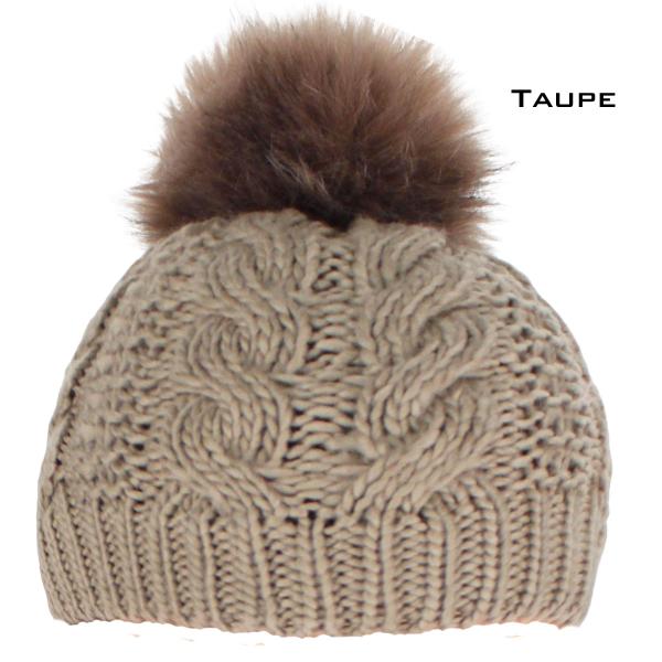 wholesale 3114 - Winter Knit Hats 10026 TAUPE/FUR POM POM Knit Winter Hat - One Size Fits Most