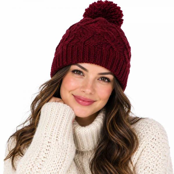 wholesale 3114 - Winter Hats 10027 BURGUNDY/YARN POM POM Knit Winter Hat - One Size Fits Most