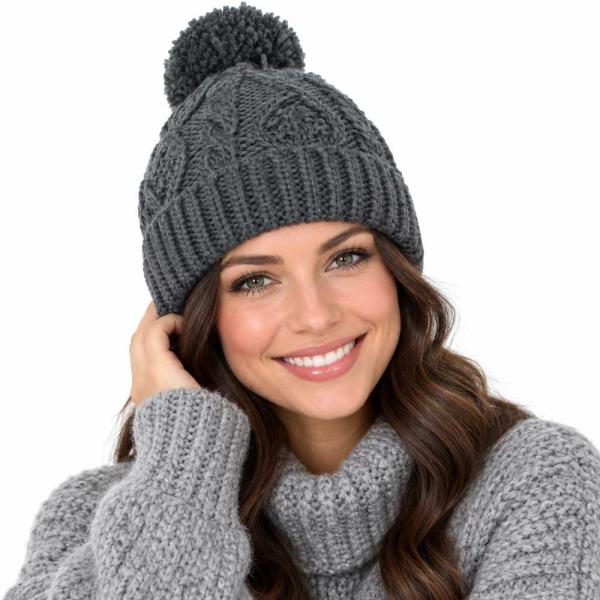 wholesale 3114 - Winter Knit Hats 10027 DARK GREY/YARN POM POM Knit Winter Hat - One Size Fits Most