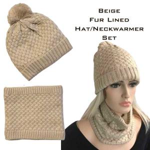 Wholesale  LC:HSET BEIGE Hat and Neck Warmer Set w/Fur Lining - 