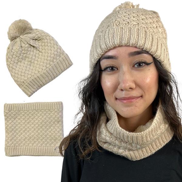 wholesale 3114 - Winter Knit Hats LC:HSET BEIGE Hat and Neck Warmer Set w/Fur Lining - One Size Fits Most