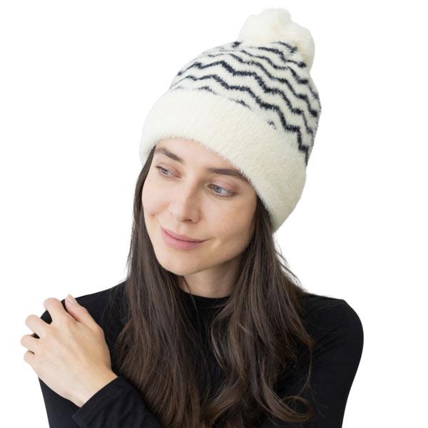 wholesale 3114 - Winter Knit Hats 1024 - Ivory/Black<br>
Chevron Pom Fur Lined Beanie   - One Size Fits Most