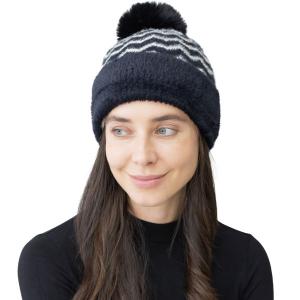 3114 - Winter Knit Hats 1024 - Black/Ivory<br>
Chevron Pom Fur Lined Beanie - 