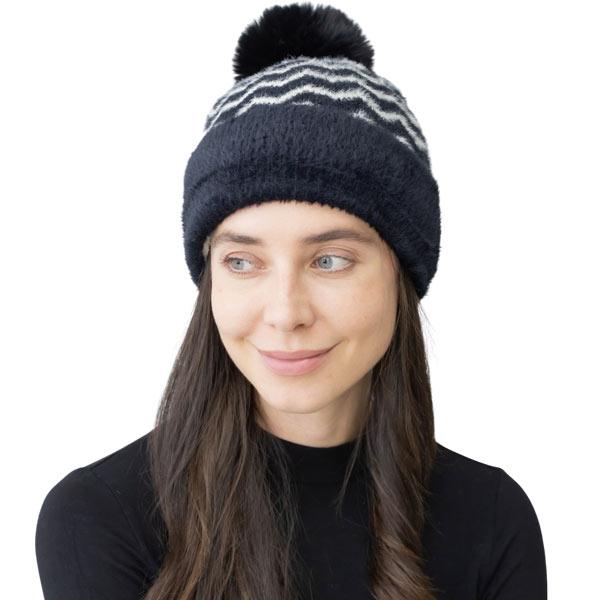 wholesale 3114 - Winter Knit Hats 1024 - Black/Ivory<br>
Chevron Pom Fur Lined Beanie - 