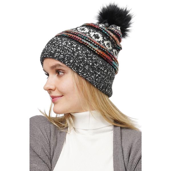 wholesale 3114 - Winter Knit Hats 10658 - Black Multi
Ethnic Pattern Knot Beanie with PomPom - One Size Fits Most