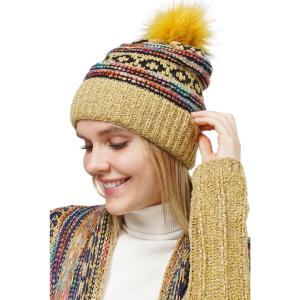 Wholesale 3114 - Winter Knit Hats 10658 - Mustard Multi
Ethnic Pattern Knot Beanie with PomPom - One Size Fits Most