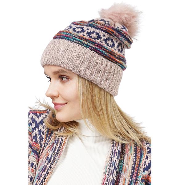 wholesale 3114 - Winter Knit Hats 10658 - Pink Multi
Ethnic Pattern Knot Beanie with PomPom - One Size Fits Most
