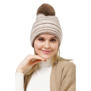 3114 - Winter Knit Hats 10687 - Taupe Multi<br>
Striped Knit Beanie with PomPom - One Size Fits Most