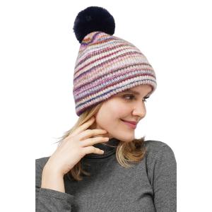 Wholesale 3114 - Winter Knit Hats 10687 - Navy Multi<br>
Striped Knit Beanie with PomPom - One Size Fits Most