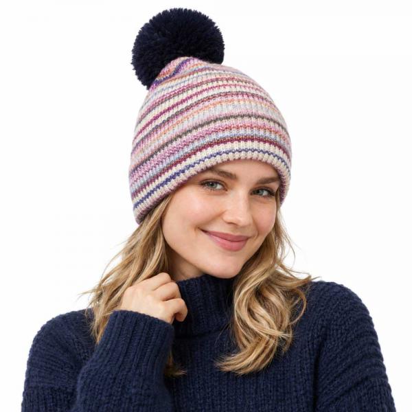 wholesale 3114 - Winter Hats 10687 - Navy Multi<br>
Striped Knit Beanie with PomPom - One Size Fits Most