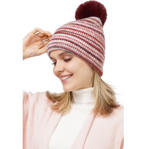 Wholesale 3114 - Winter Knit Hats 10687 - Burgundy Multi<br>
Striped Knit Beanie with PomPom - One Size Fits Most