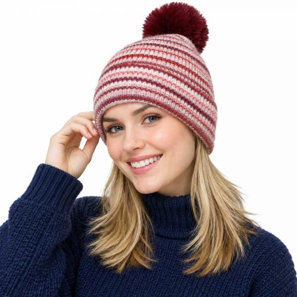 wholesale 3114 - Winter Hats 10687 - Burgundy Multi<br>
Striped Knit Beanie with PomPom - One Size Fits Most