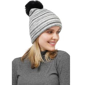 Wholesale 3114 - Winter Knit Hats 10687 - Black Multi<br>
Striped Knit Beanie with PomPom - One Size Fits Most