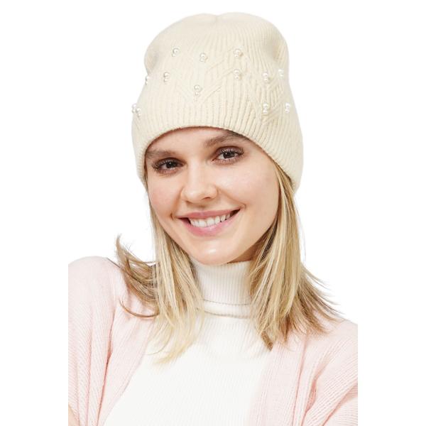 wholesale 3114 - Winter Knit Hats 10666 - Beige<br>
Pearl Deco Knitted Beanie
 - One Size Fits Most
