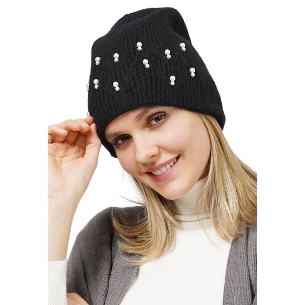 wholesale 3114 - Winter Knit Hats 10666 - Black<br>
Pearl Deco Knitted Beanie
 - One Size Fits Most